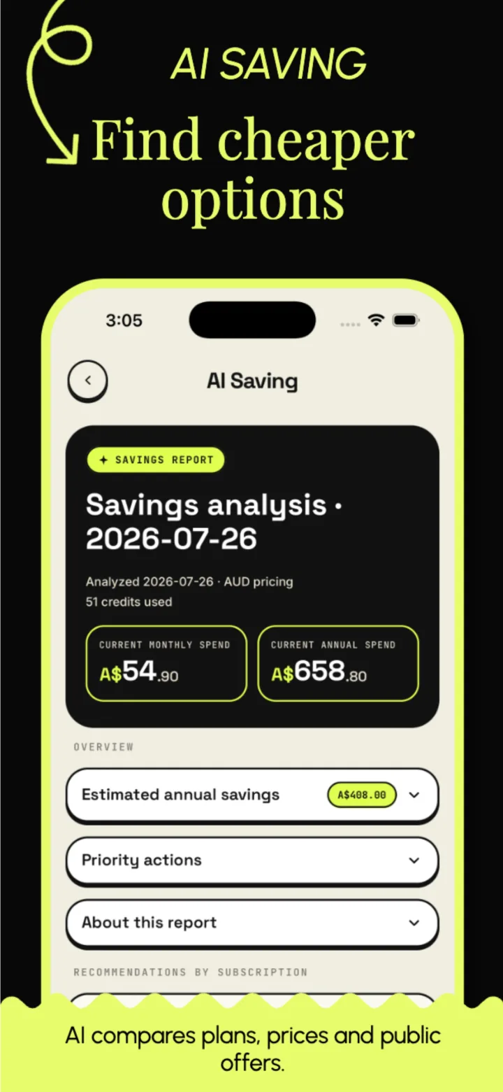 AI Saving report showing current spend and estimated annual savings
