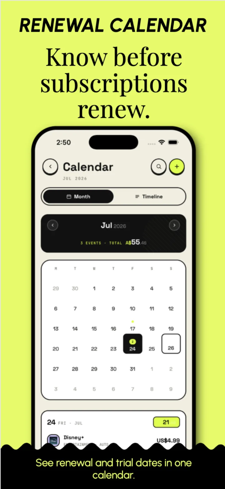 SubsCraft renewal calendar marking upcoming renewal and trial dates