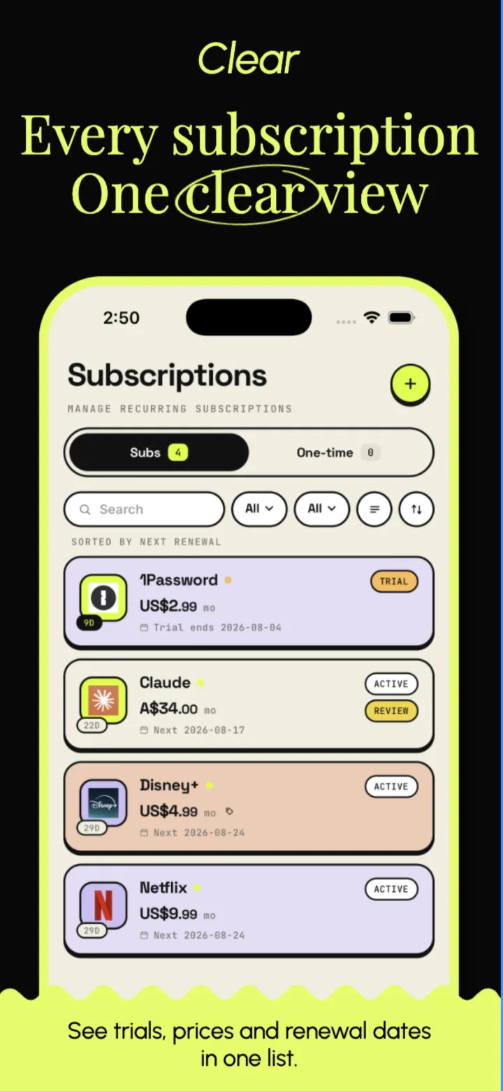 SubsCraft subscriptions list sorted by next renewal, with trial and active badges