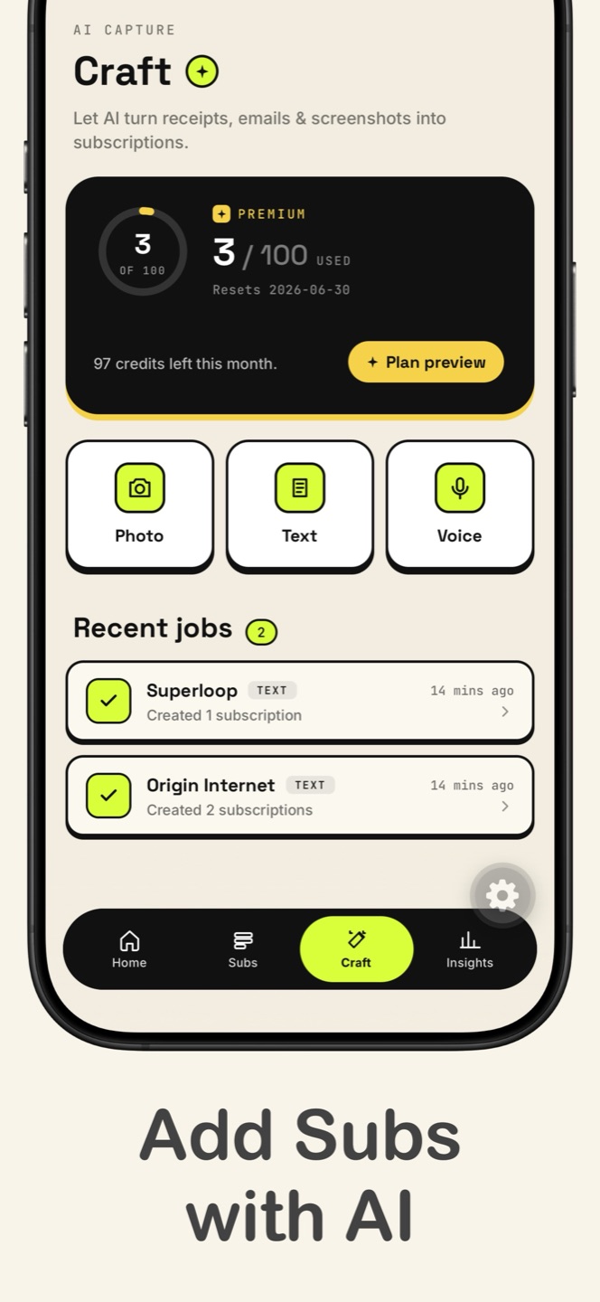 AI Craft screen with photo, text, and voice input options