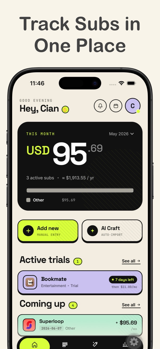 SubsCraft home screen with active trials and upcoming charges