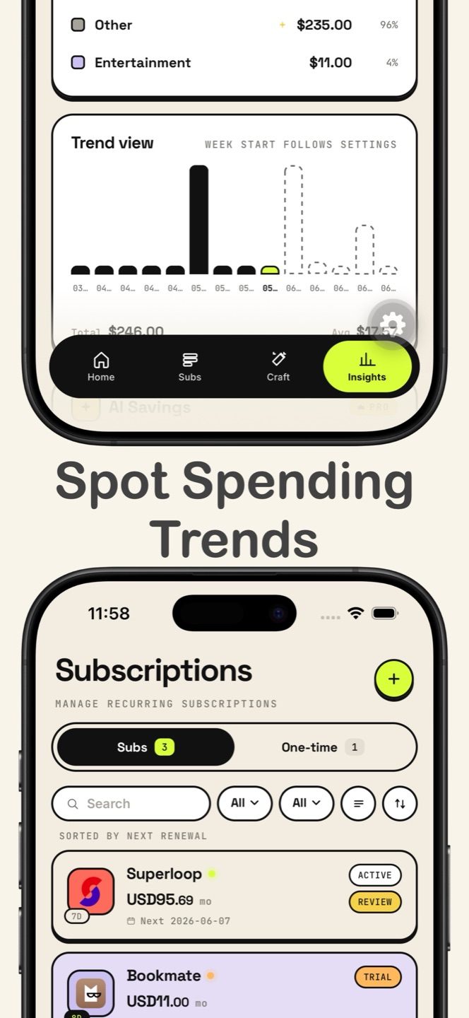 Insights screen with spending trends and subscription list